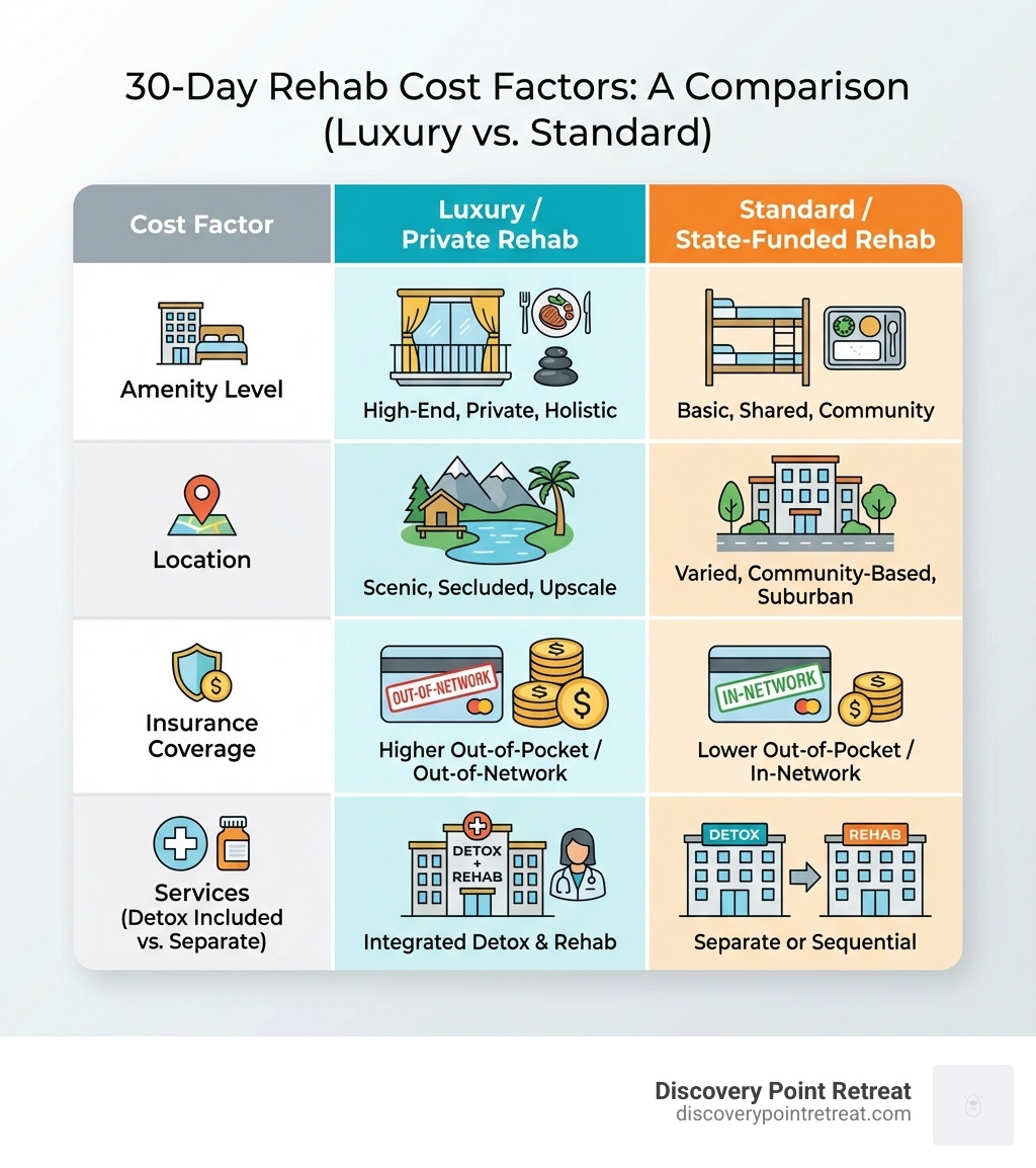 A table comparing cost factors for 30-day rehab: Amenity Level (Luxury vs. Standard), Location (Urban vs. Rural), Insurance Coverage (In-Network vs. Out-of-Network), Services (Detox Included vs. Separate). - 30 day rehabs near me infographic 