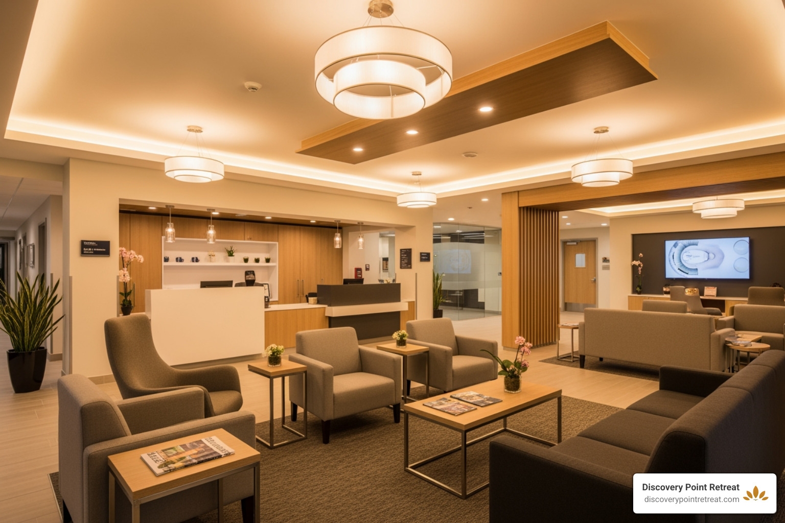 A modern, welcoming reception area of a high-quality treatment facility, featuring warm lighting and comfortable seating - rehab centers dallas tx